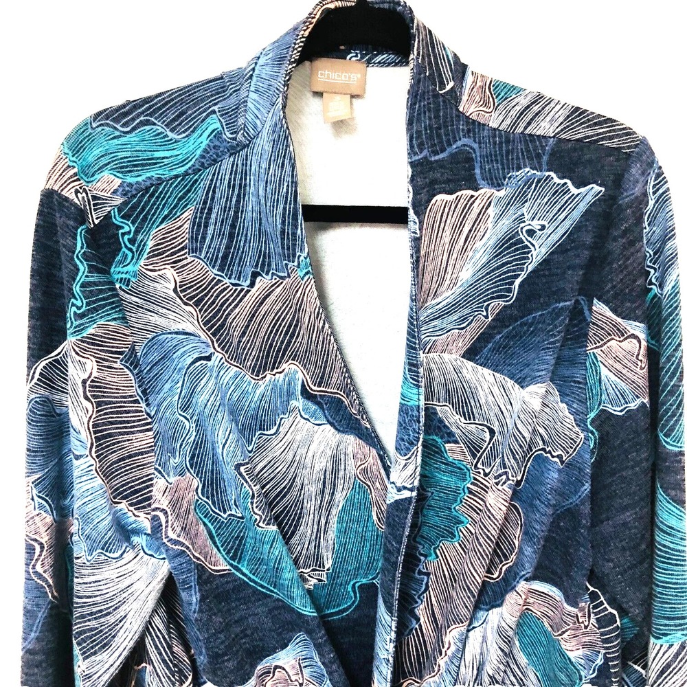 Chico's 3 Womens L XL Drawstring Jacket Beachy Open Front V Neck Stretch